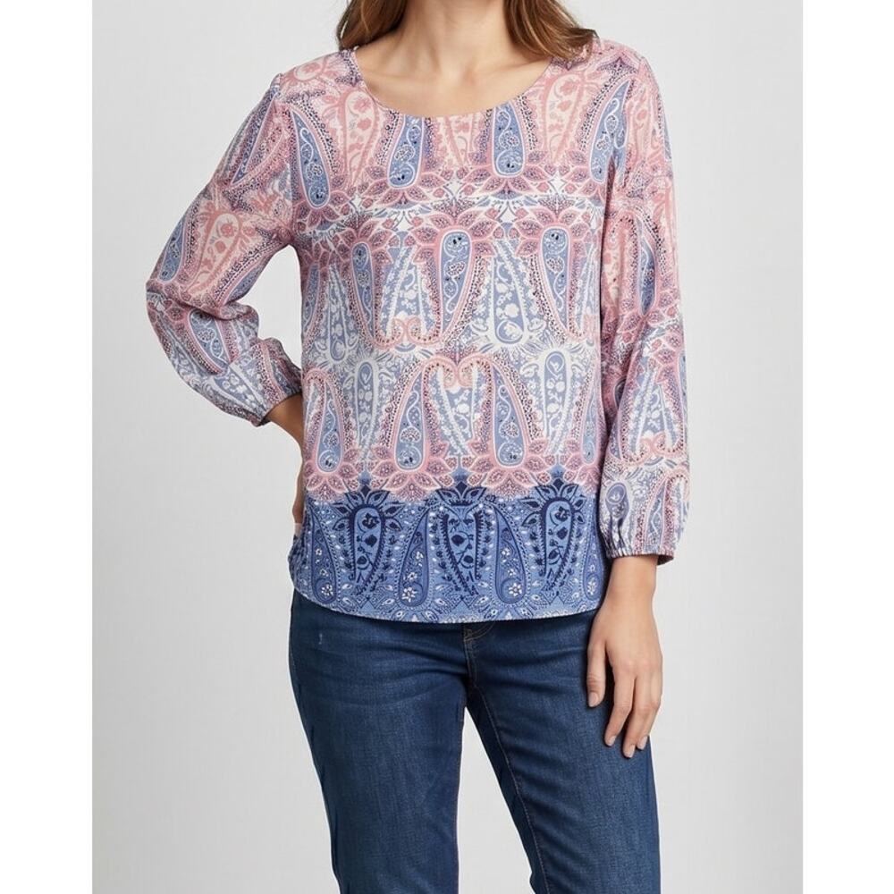Lily Black Womens Small Pink Blue Blouse Paisley Polyester 3/4 Sleeve
